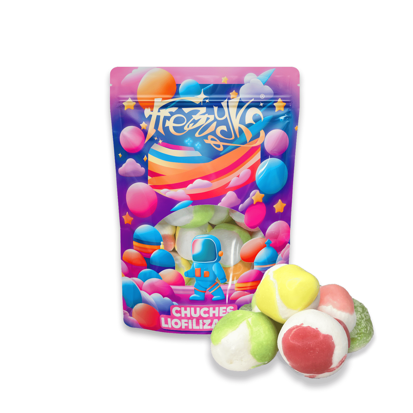 Bolardos de frutas liofilizados de Frezzyks en una bolsa de tamaño normal