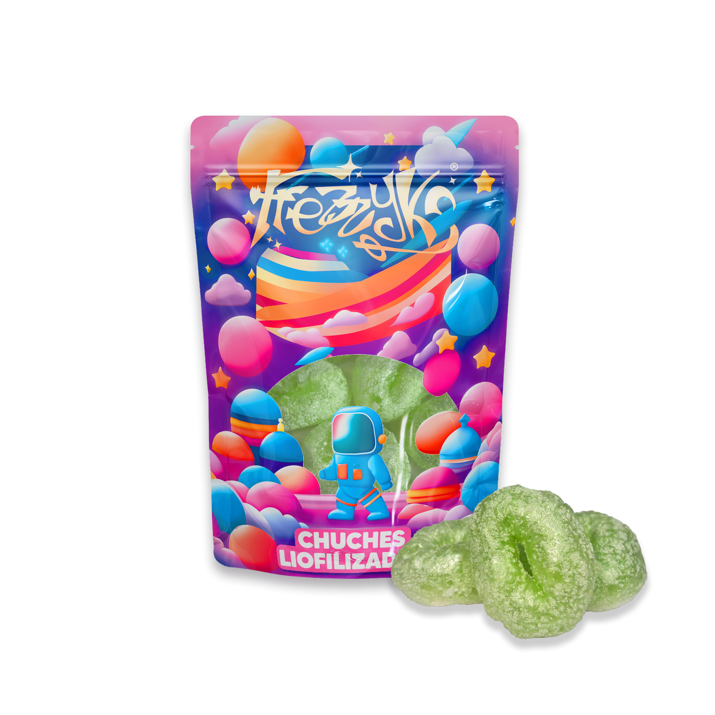 Aros de manzana liofilizados de Frezzyks en una bolsa de tamaño normal