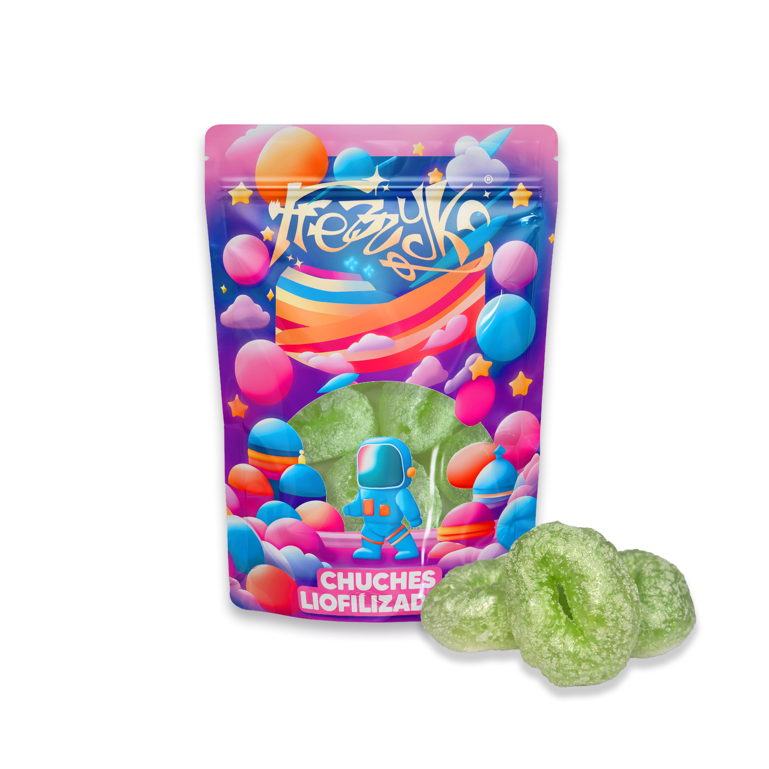Aros de manzana liofilizados de Frezzyks en una bolsa de tamaño normal