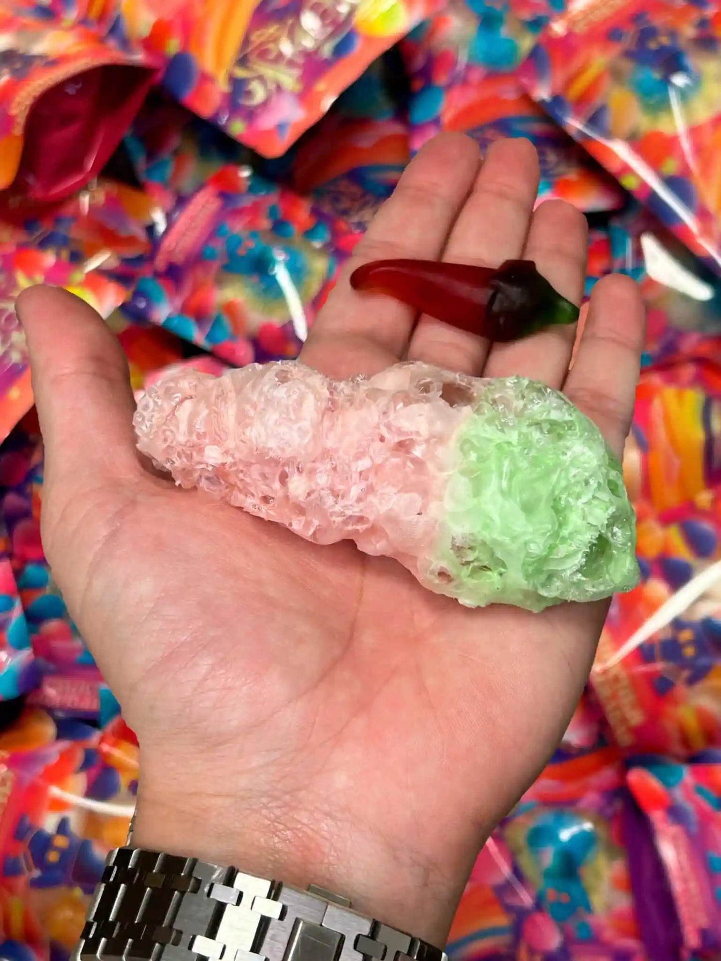 Guindillas liofilizadas de Frezzyks en una mano junto a su tamaño original