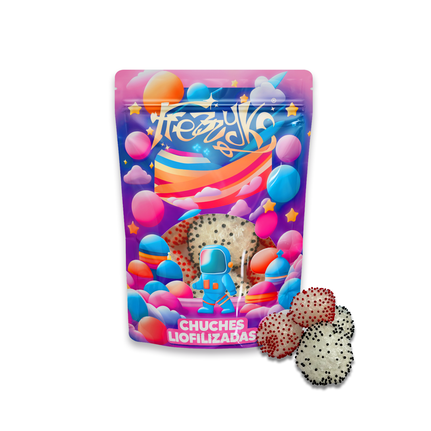 Moras liofilizadas de Frezzyks en una bolsa de tamaño normal