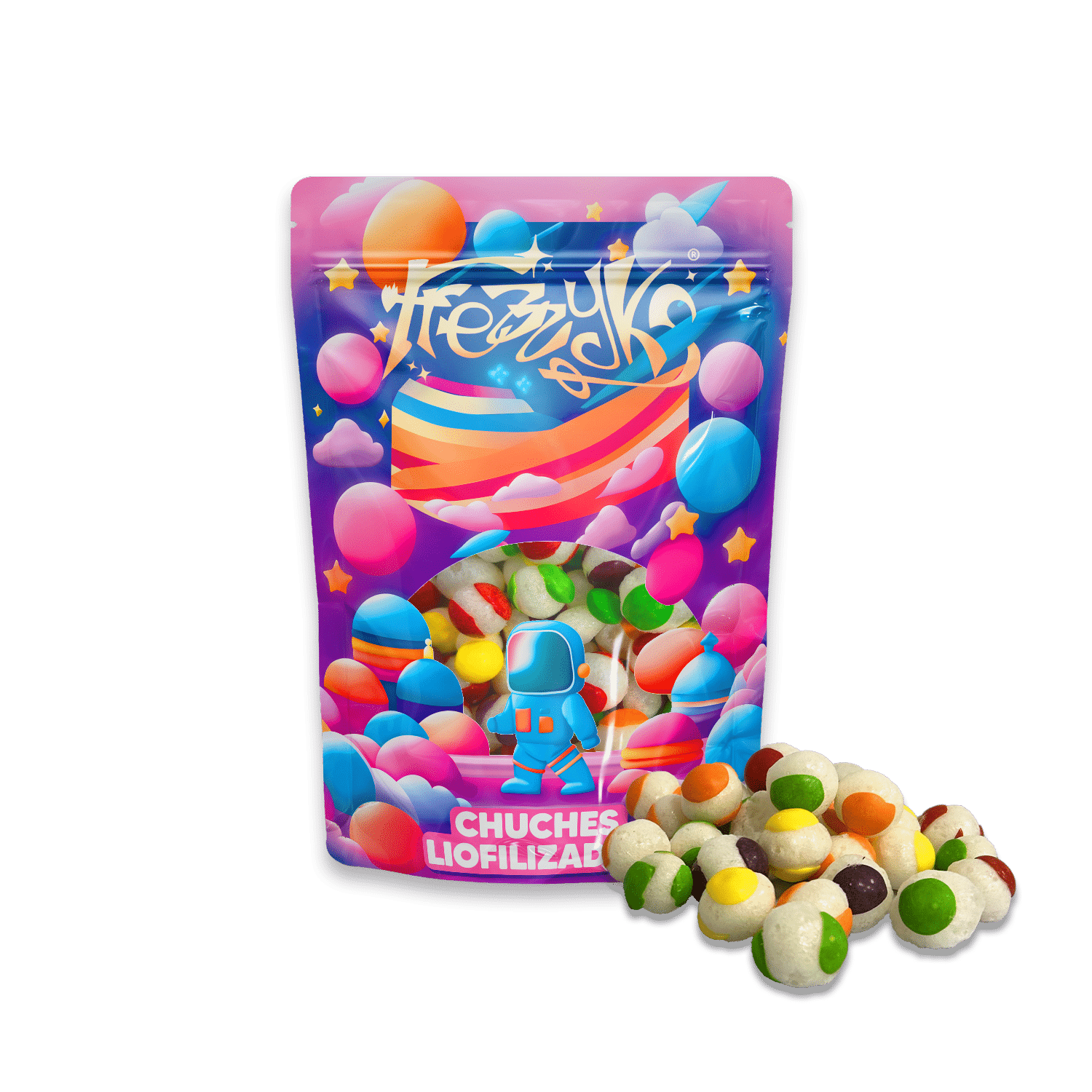 Skittles liofilizados de Frezzyks en una bolsa de tamaño normal