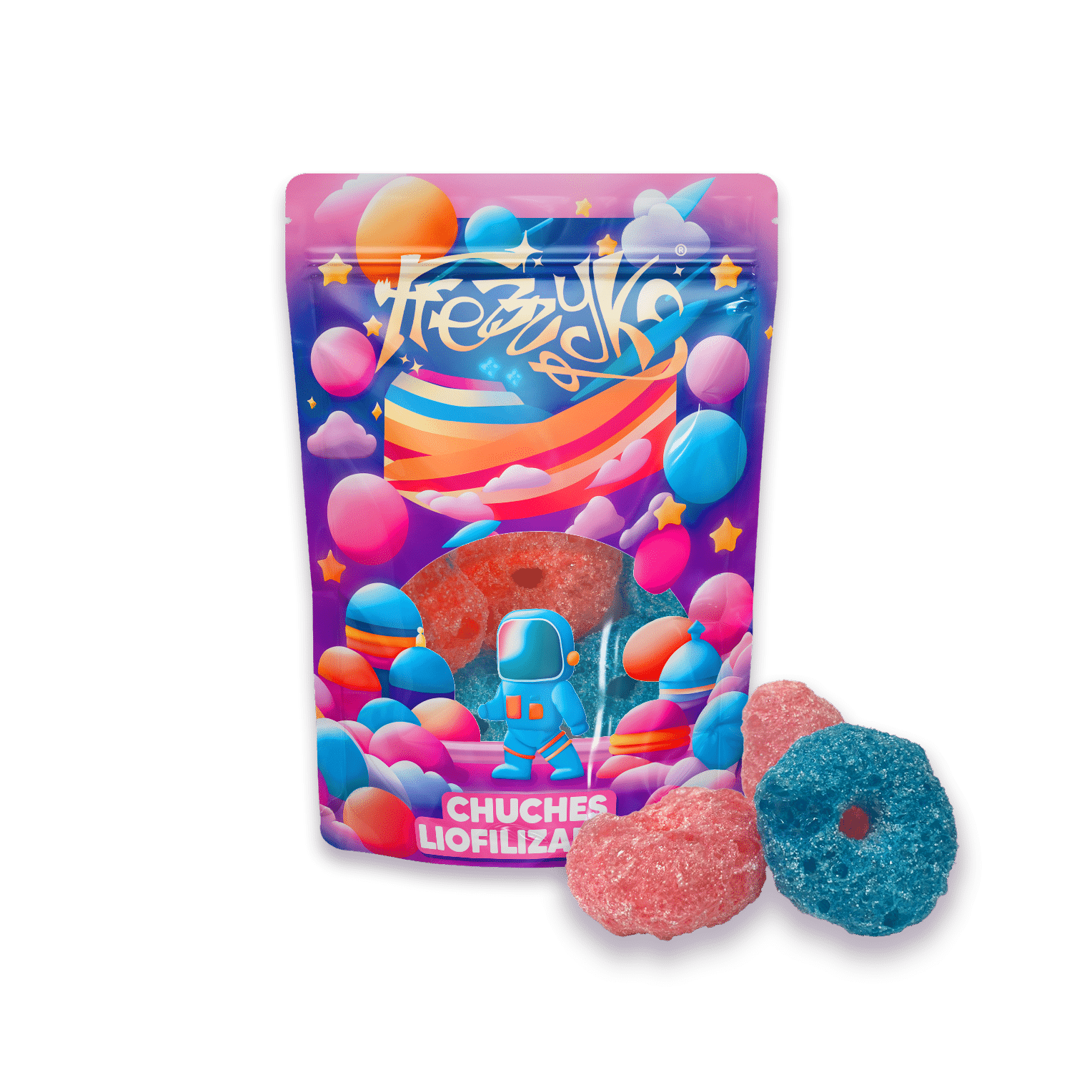 Tuercas ácidas liofilizadas de Frezzyks en una bolsa de tamaño normal