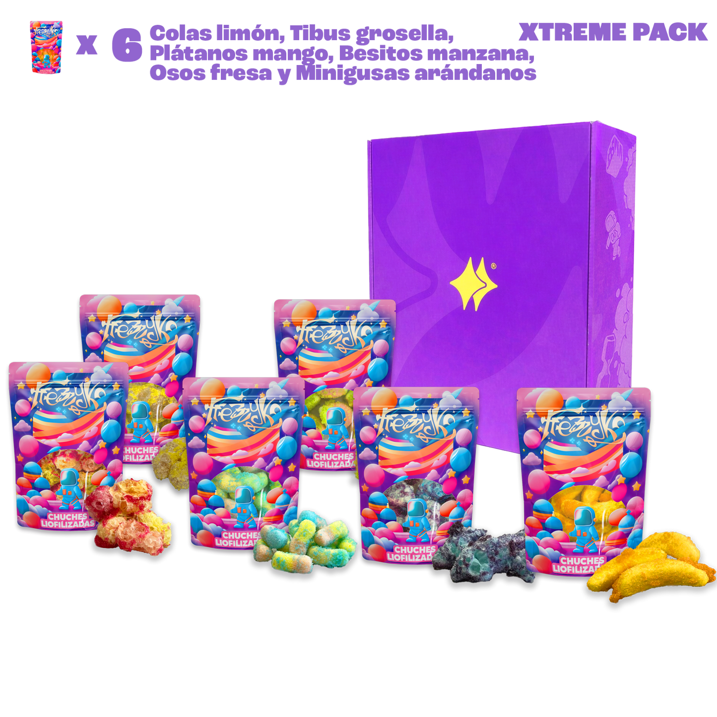 Pack Xtreme de Frezzyks con 6 bolsas de chuches liofilizadas: colas limón, tibus grosella, plátanos mango, besitos manzana, osos fresa y minigusanos arándanos