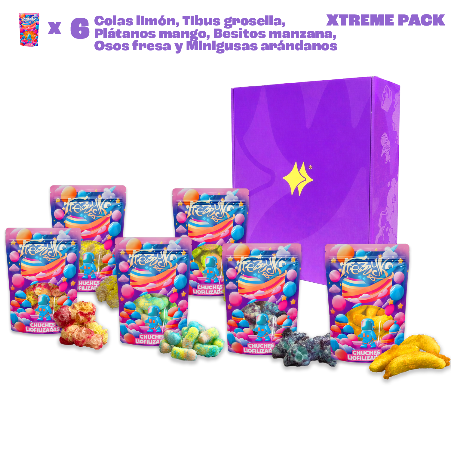 Pack Xtreme de Frezzyks con 6 bolsas de chuches liofilizadas: colas limón, tibus grosella, plátanos mango, besitos manzana, osos fresa y minigusanos arándanos