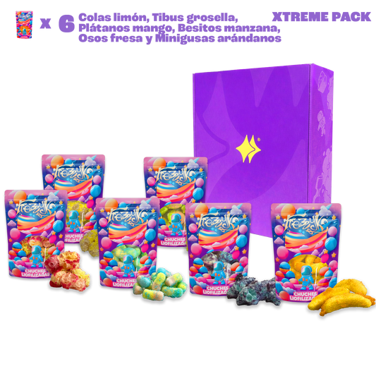 Pack Xtreme de Frezzyks con 6 bolsas de chuches liofilizadas: colas limón, tibus grosella, plátanos mango, besitos manzana, osos fresa y minigusanos arándanos